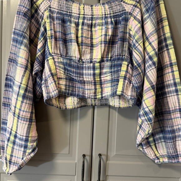 Free People Marlena Plaid‎ Balloon Long Sleeve Smocked Crop Top, Multi,M - Picture 8 of 13